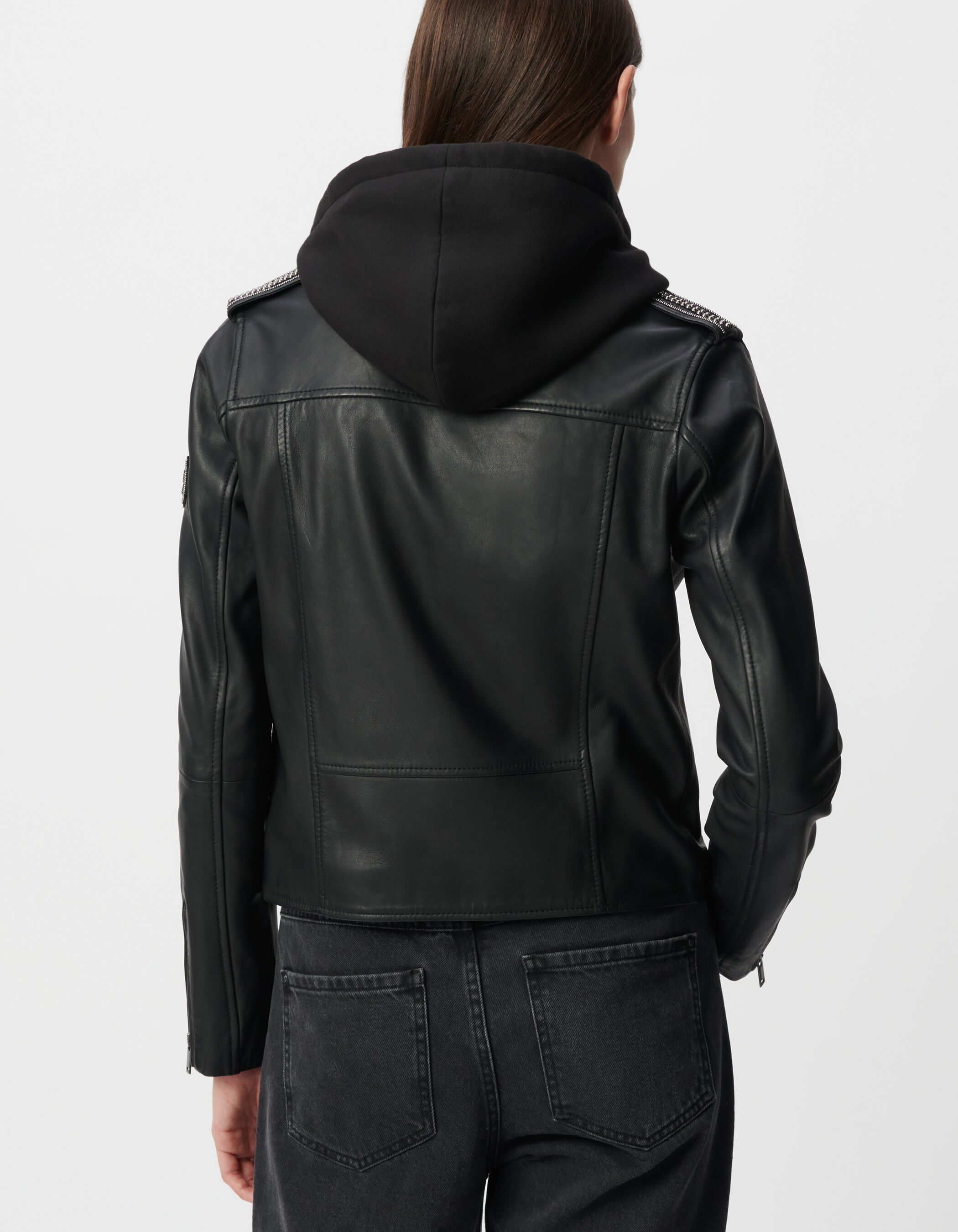Blouson noir cuir esprit motard capuche amovible Femme
