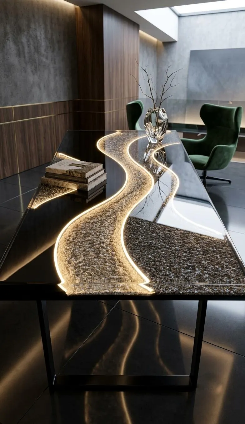 Handcrafted Epoxy River Dining Table, Custom Live Edge, Glowing LED Marble Art