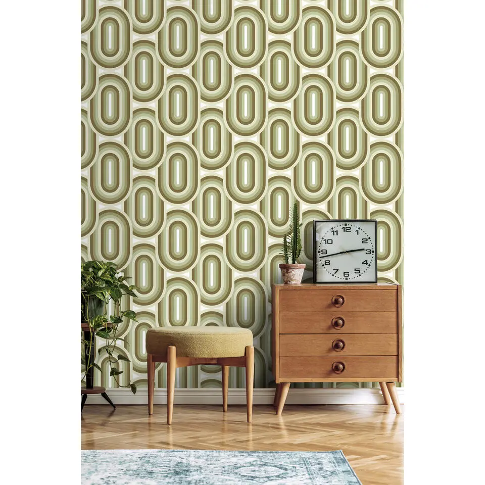 ESTAhome behang retro ornamenten olijfgroen - 53 cm x 10.05 m