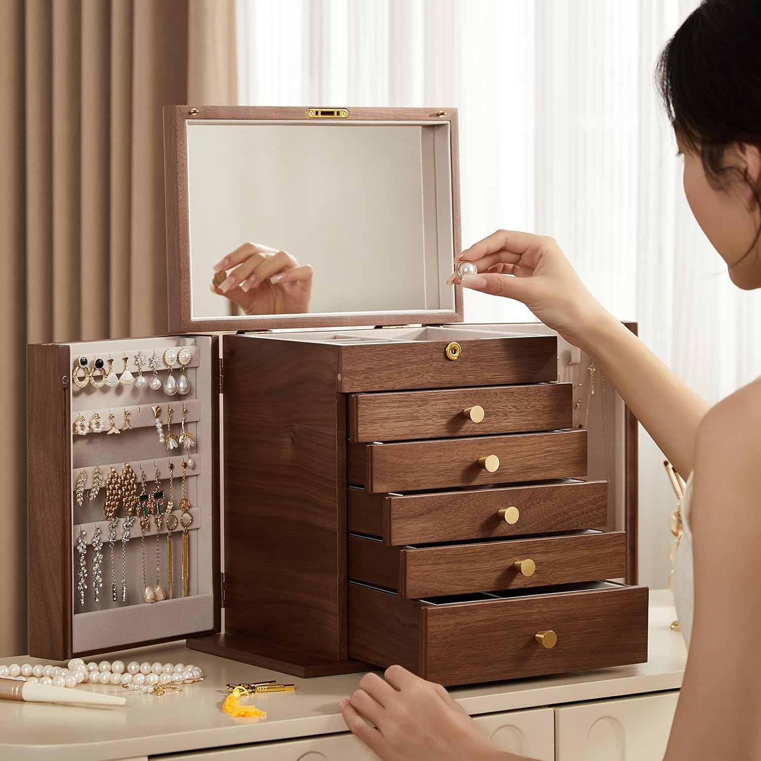 Black Walnut Wooden Jewelry Box, Wood Jewelry Organizer with 2 Side Doors Mirror Lockable Classical Style for Watch Necklace Ring Earring Storage Mothers Day Gifts for Mom-6 Layer