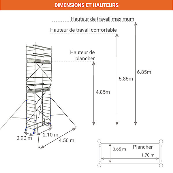 échafaudage Roulant Aluminium - 2 plateaux - Hauteur de travail max 6.85m - Montage sécurisé - 26404650
