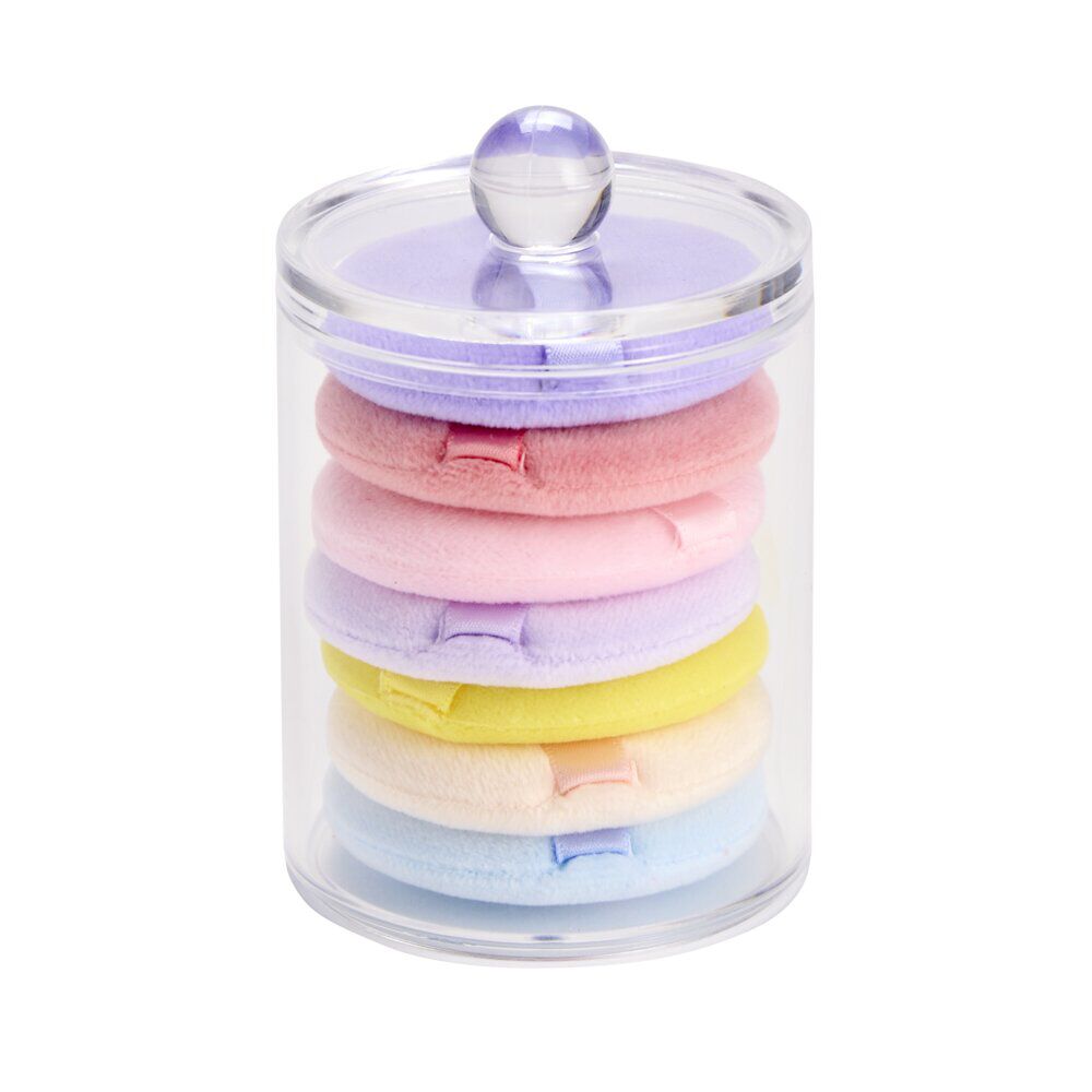 BoÎte rangement cosmétique ronde avec 7 éponges démaquillantes multicolores Ø7xH9cm