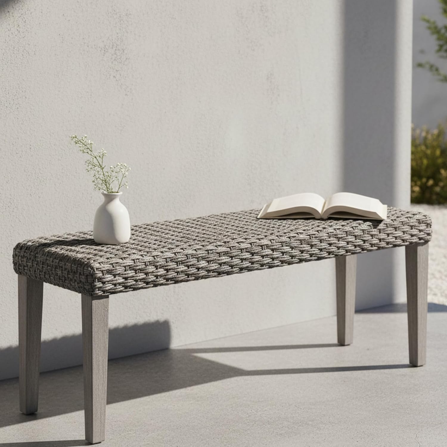 Outdoor Rattan Backless Bench, All-Weather Wicker & Solid Acacia Wood, Upholstered Premium Garden Bench with Woven Rattan Seat and Thick Outdoor Cushion for Patio, Porch, Living Room or Entryway