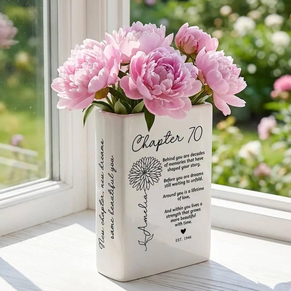 Custom Birth Month Flower Book Vase, Next Chapter Gift For 70th Birthday Woman, Floral 60 70 80 Years Blessed Seventy Birthday Gifts for Her