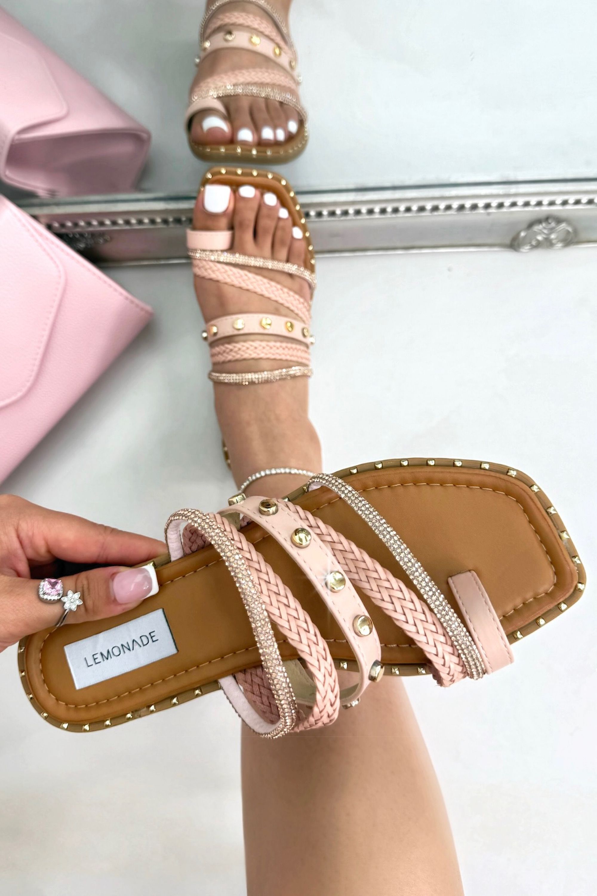 Love Lemonade Sparkly Capri Weave Studded Toe Ring Sliders