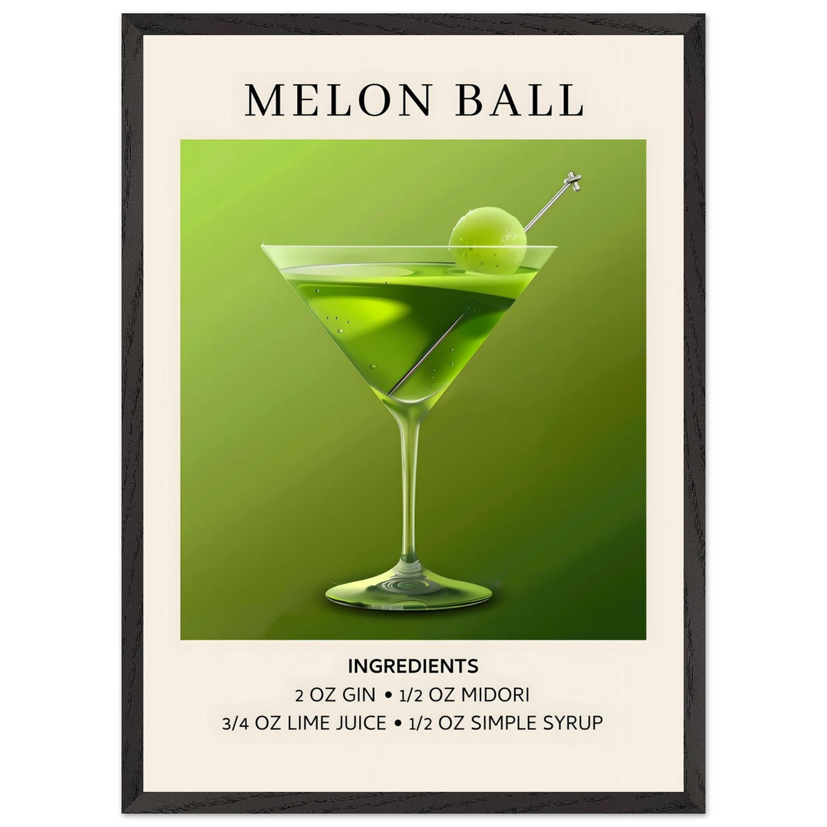 Artfulprints Poster met Lijst Melon Ball cocktail - Ingrediënten  - 50x70 cm - Groen