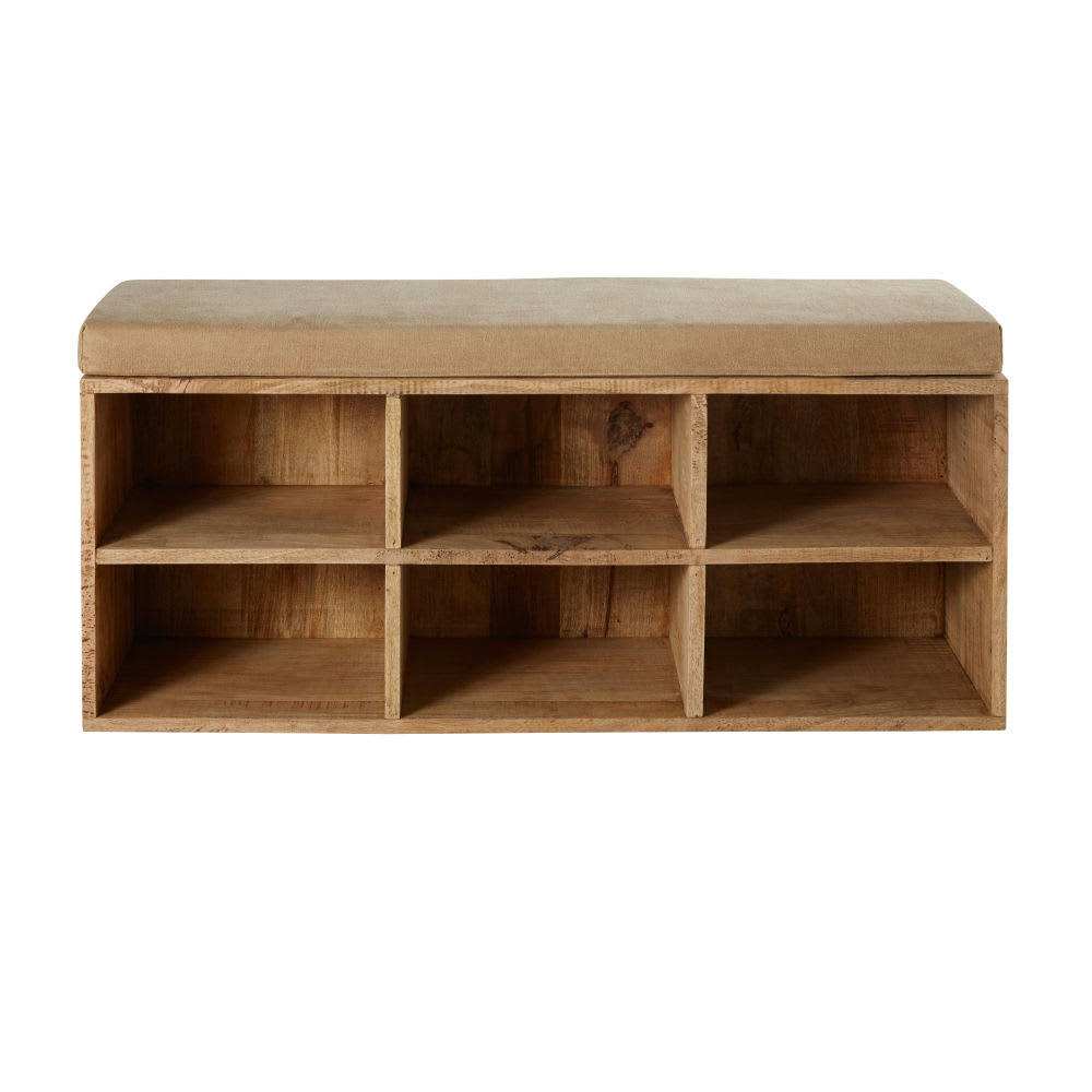 HERNING - Banquette 6 casiers en manguier et coton beige foncé