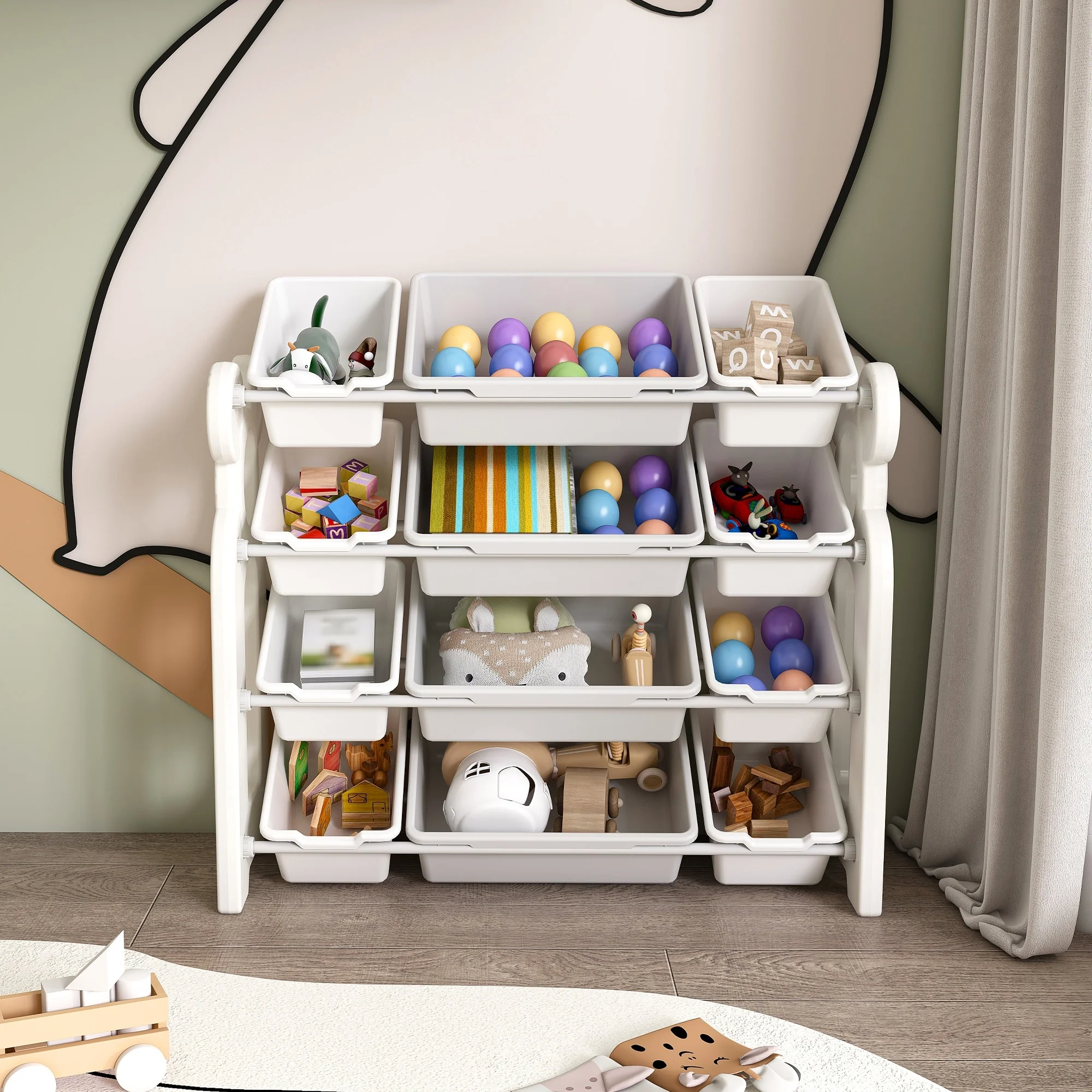 Kids Toy Storage Organizer with 12 Bins, Multi-functional Nursery Organizer Kids Furniture Set Toy Storage Cabinet Unit
