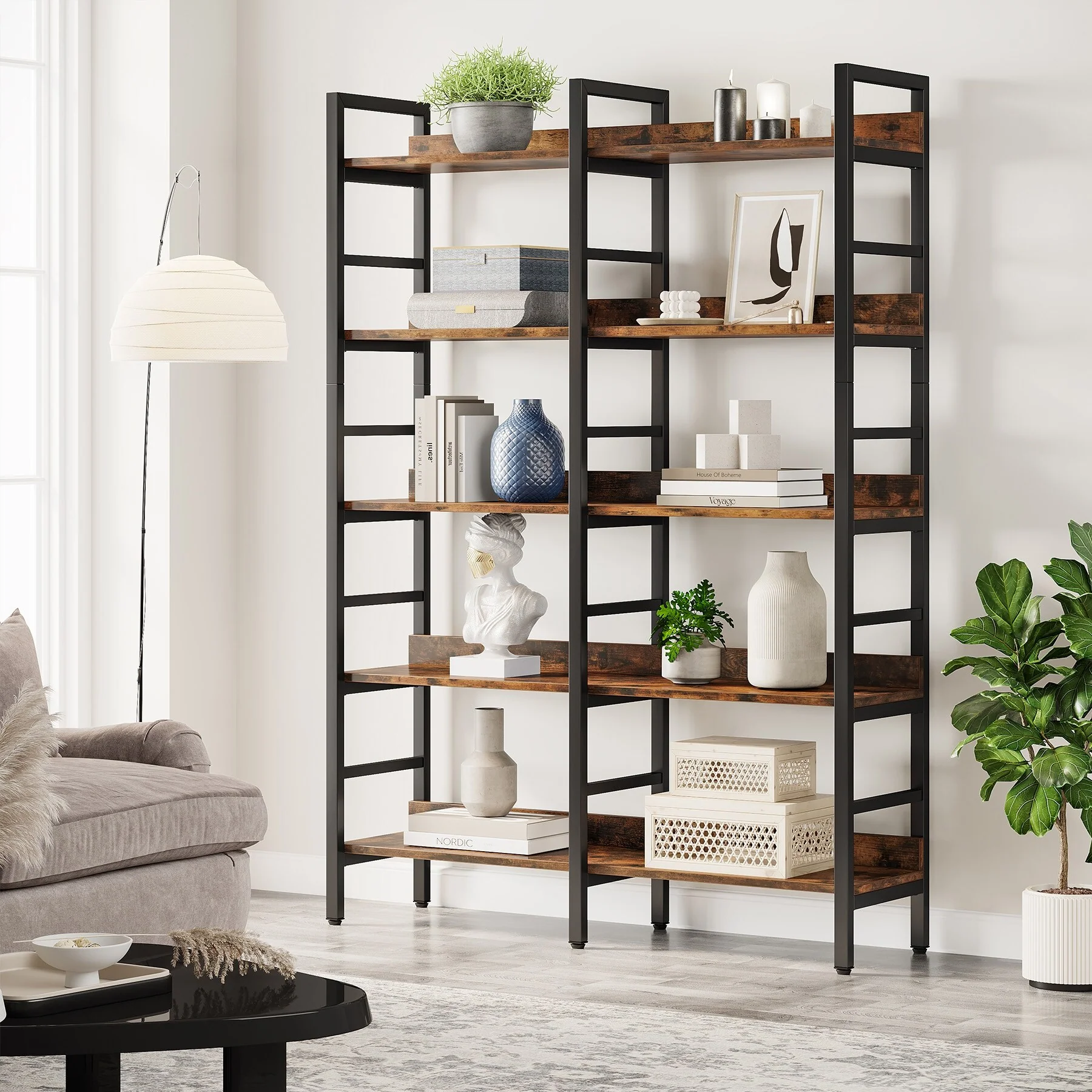 5-Tier Double Wide Bookshelf with Wood and Meta Frame, Etagere Bookcase,Storage and Display Shelf for Living Room, Home Office