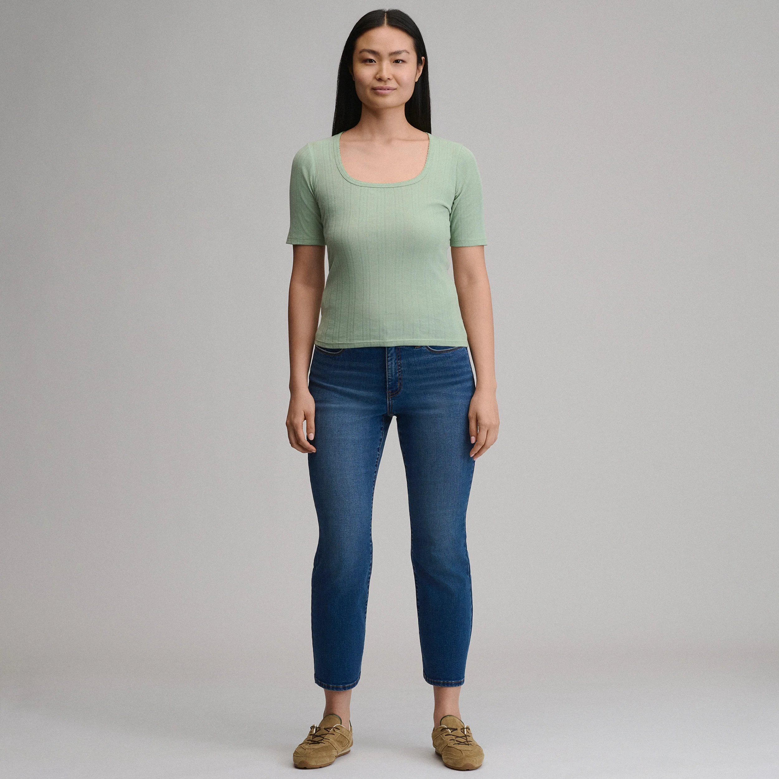 Women's Short-Sleeve Pointelle Square-Neck Crew