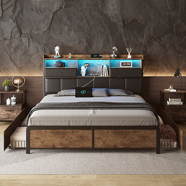 Lit Double En Métal 140x200cm, Lit Jeunesse Avec LED Et étagère, Lit Coffre Avec 4 Tiroirs, Noir