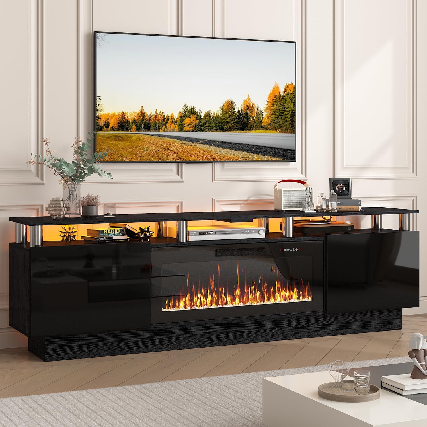 PUKAMI 70 Fireplace TV Stand, LED Light Entertainment Center with 36 Electric Fireplace, 2 Tier Modern Wood Media TV Console with Highlight Storage Cabinet for Living Room, Black
