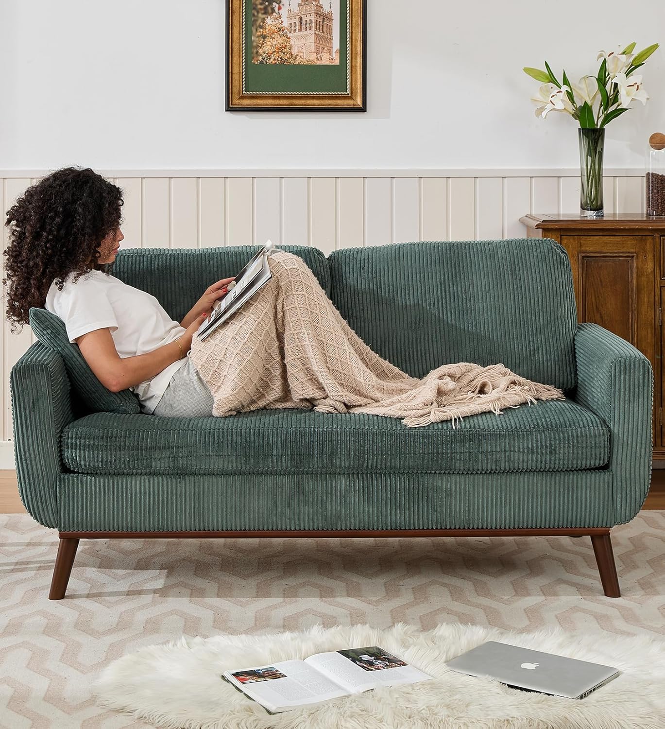 Tbfit 65 Corduroy Love Seat with Spring Cusions, Mid Century Modern Loveseat Sofa for Livingroom & Bedroom, Comfy Upholstered Small Couch