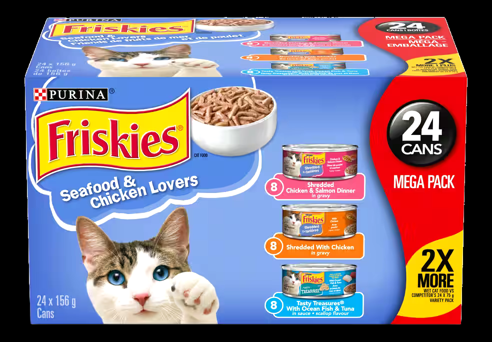 Purina Friskies Seafood and Chicken Lovers Variety Mega Pack Adult Wet Cat Food, 3 Unique Flavours, 24 x 156-g