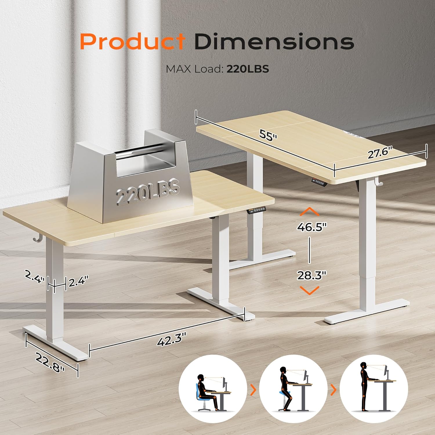 Huuger 55 x 28 Large Electric Standing Desk, Height Adjustable Desk, 27.6 Deep Desktop, Stand up Gaming Computer Office Desk with 2 Hooks, 3 Preset Heights, for Home Office, Maple