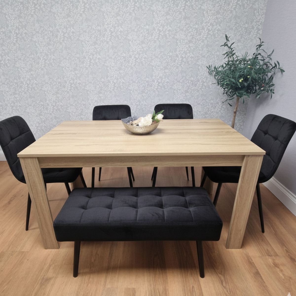 KOSY KOALA Modern Oak Table with 4 Black Velvet Chairs and a Black Velvet Benche