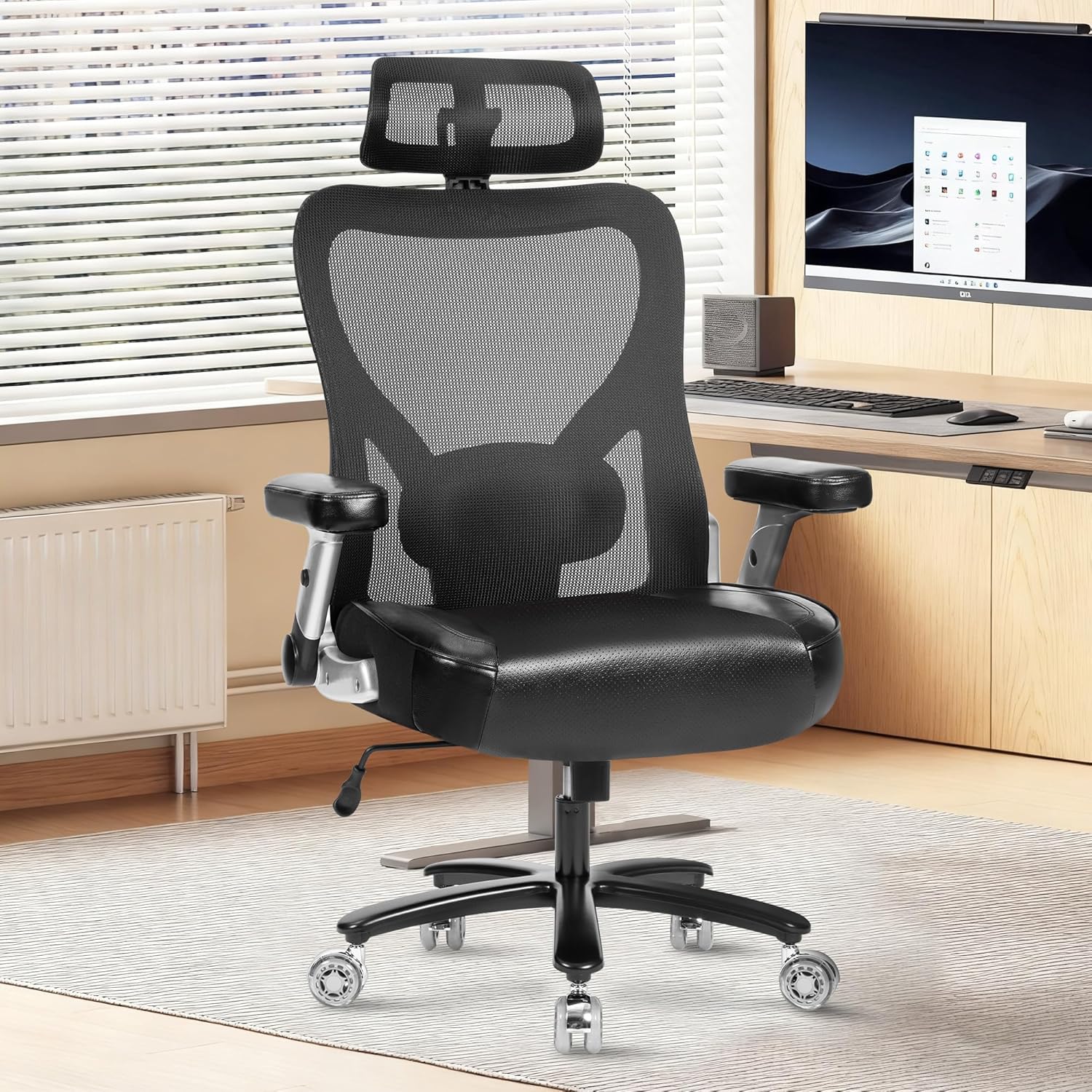 Super Big and Tall Office Chair 700lbs- Heavy Duty Executive Computer Chair with Rubber Wheels 3D Flip Arms, Ergonomic Mesh High Back Desk Chair, Extra Wide Seat Adjustable Lumbar Support & Headrest