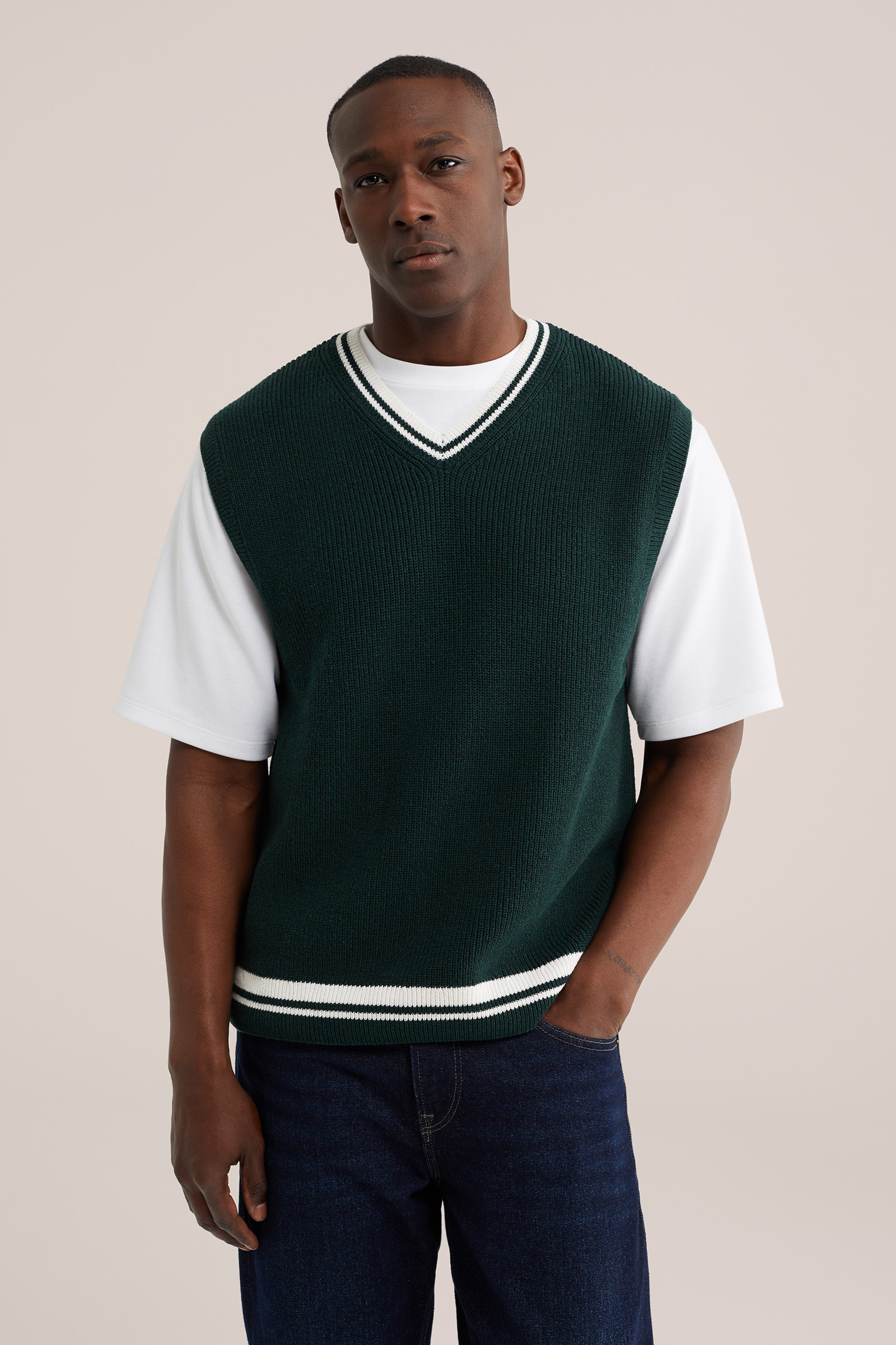 Heren regular fit gebreide spencer met contrast