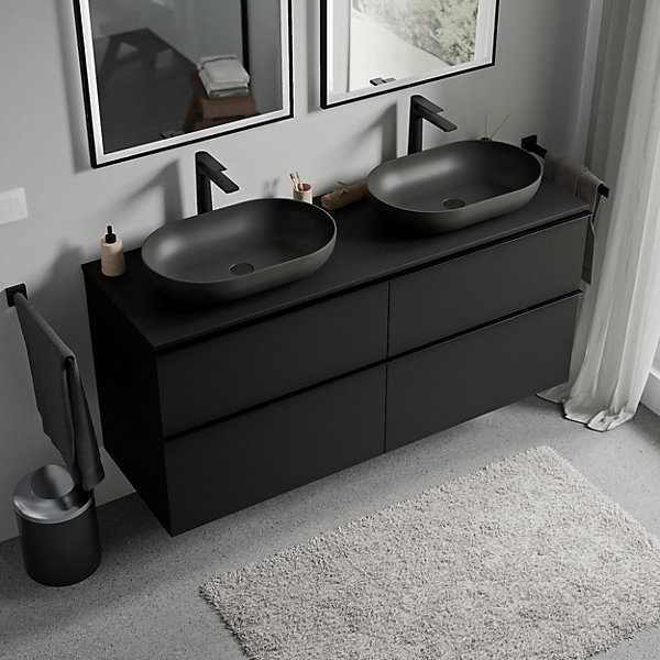 Meuble sous vasque suspendu MDF Noir mat, plan vasque Noir mat, poignée Anthracite mat - 120x46x62cm - LAVOA