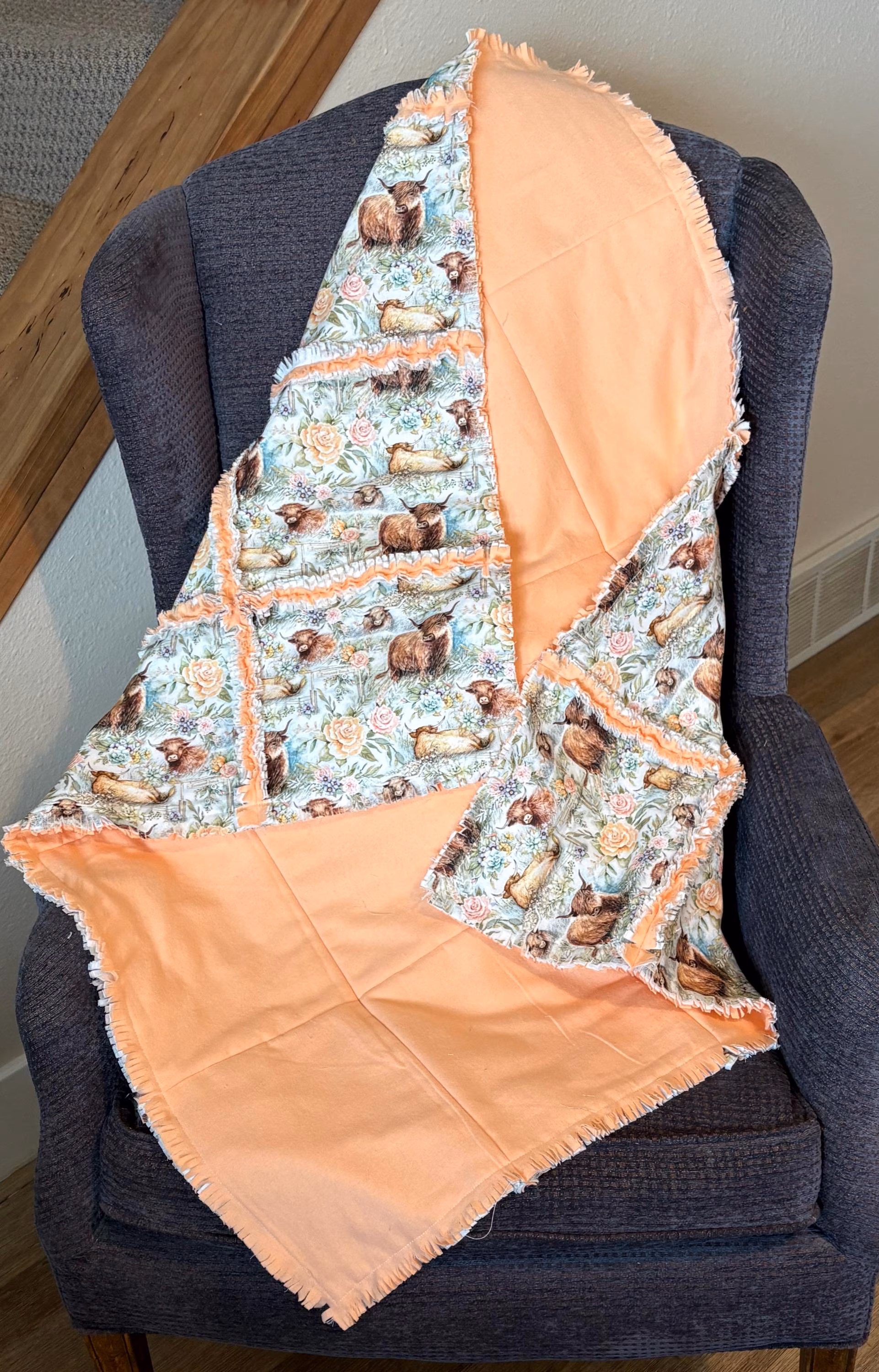 Highland Ranch Cow Country Roses, NO CUT rag Quilt kit-DIY blanket, includes cotton top, flannel middle & peach flannel back