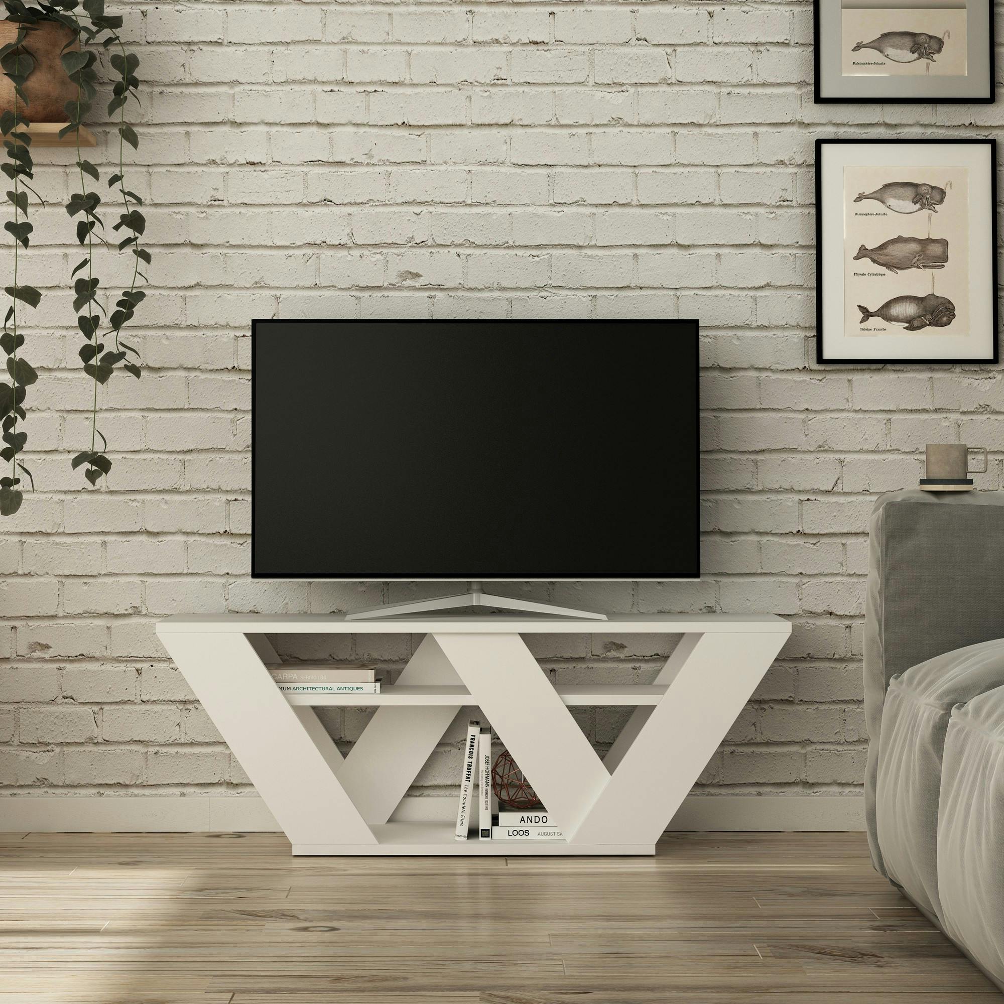 Petit meuble TV blanc avec rangement - pied en W MARFA