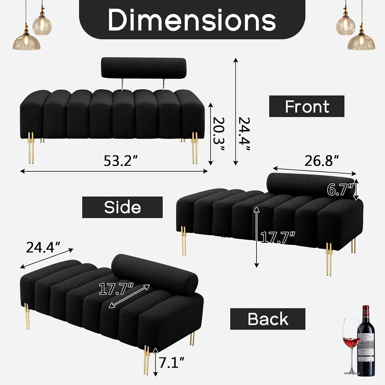 NIOIIKIT 53.2 Modern Loveseat Sofa Couch, Upholstered Accent Sofa with Golden Legs and Adjustable Backrest, Small Teddy Fleece Couches for Bedroom, Living Room, Compact Small Space (Black Teddy)