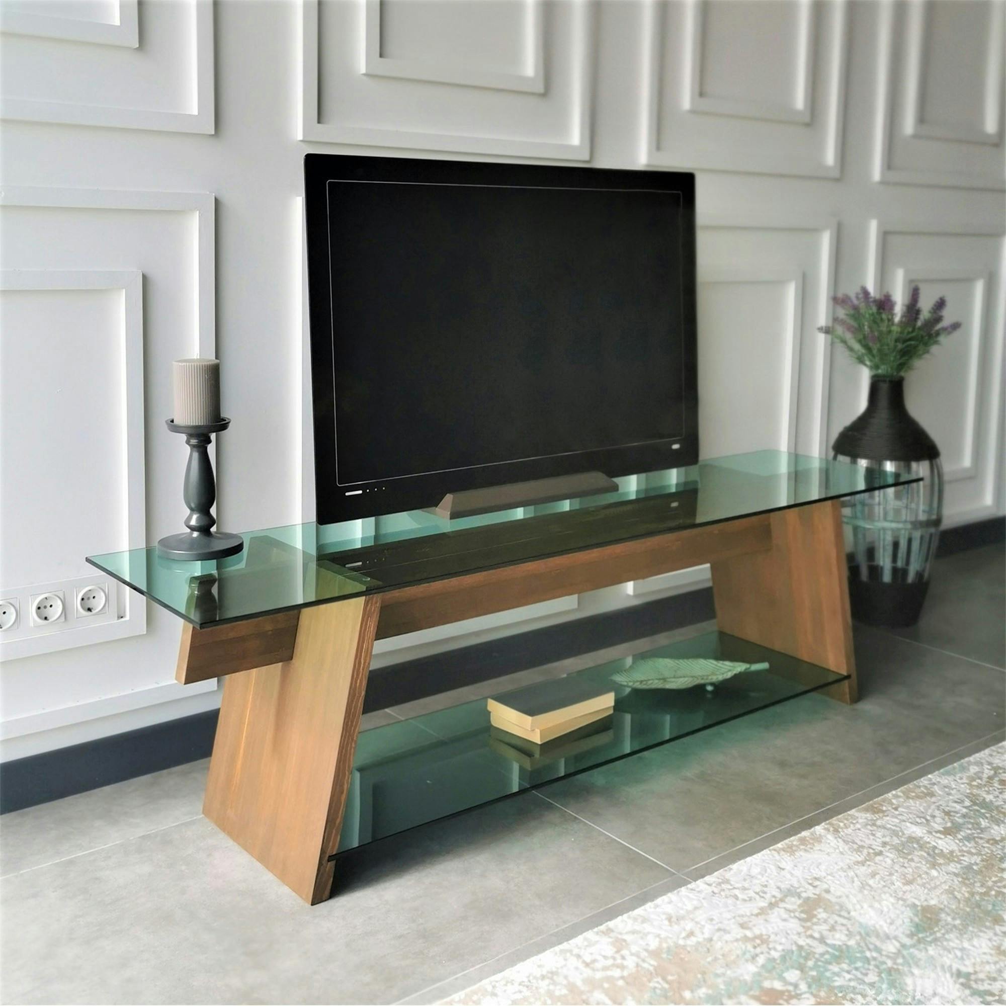 Meuble TV en bois brun et verre lagon - forme trapèze LHASA