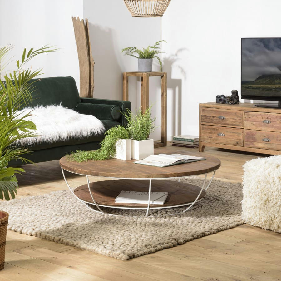 ALIDA - Table basse coque 2 plateaux en teck recyclé métal blanc D120