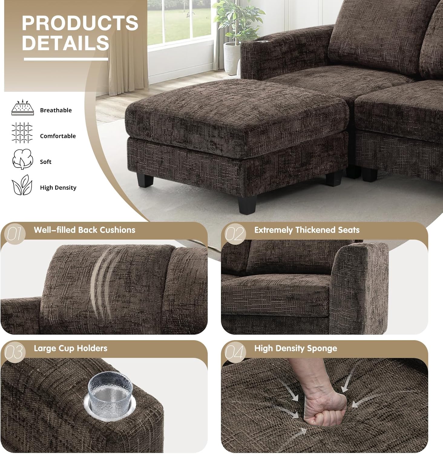 87 Chenille 3 Seater Couch with Soft Ottoman, L-Shape Sectional Sofa with Durable Cup Holders, Upholstered Sofa with Comfy Backrests for Living Room, House, Brown