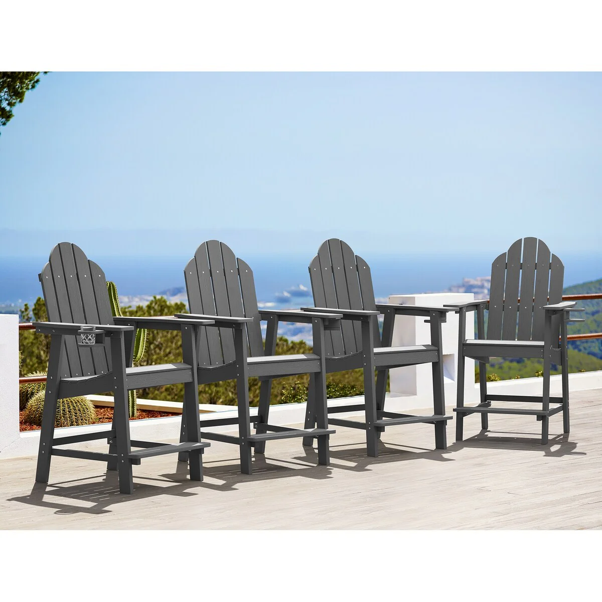 LUE BONA Outdoor Adirondack Chairs with Cup Holder Bar Height Adirondack Bar Stool with Arms for Patio, Garden, Deck (Set of 4)