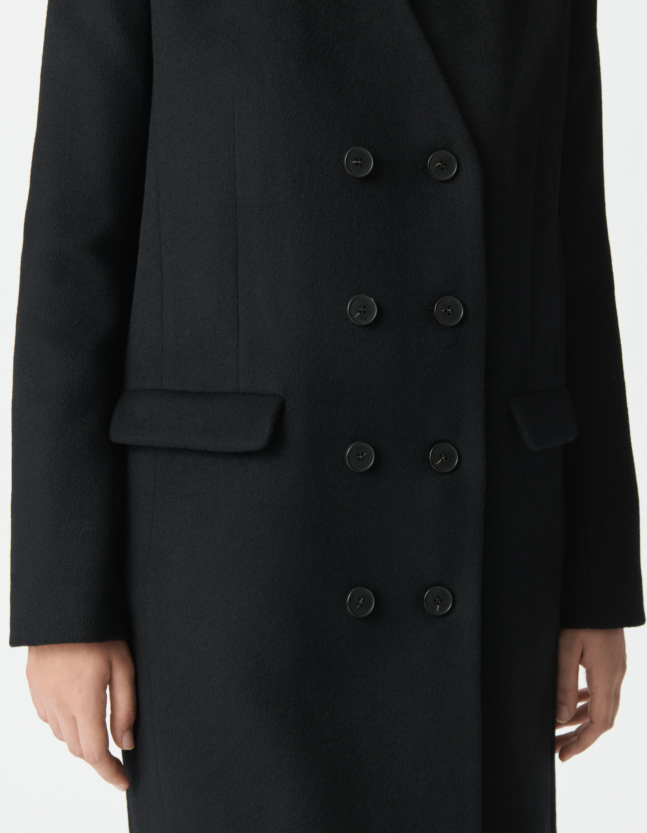 Manteau long noir parementure à capuche amovible Femme