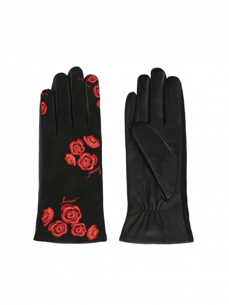 Elegant black gloves with embroidered red flowers