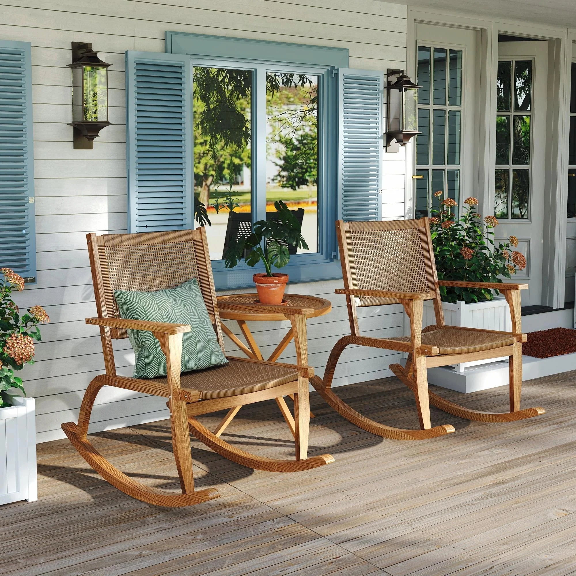 Outdoor Rocking Chair Set - 2 Acacia Wood Rockers with Wicker Rattan Seat & Backrest