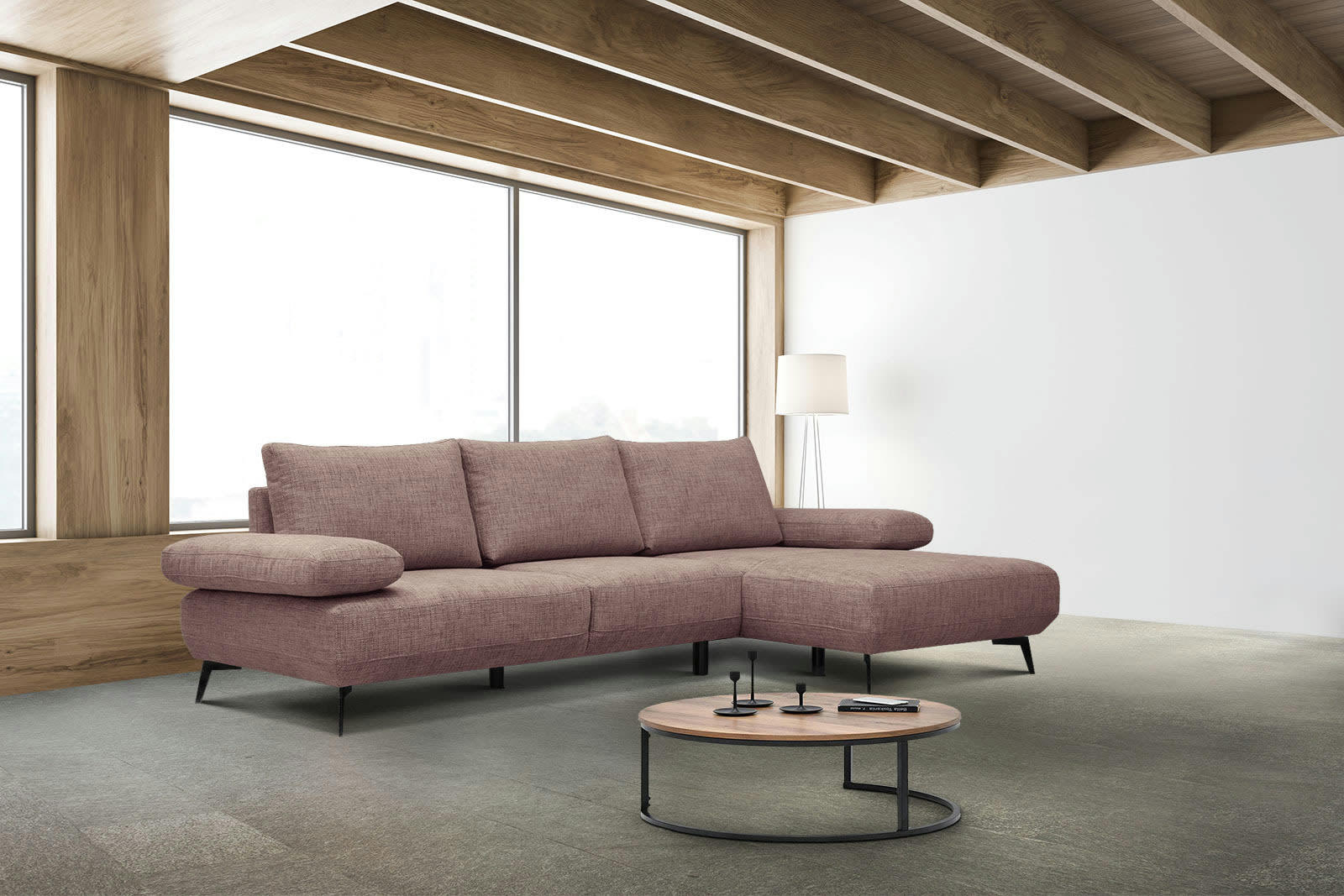 MELLO - Canapé d'angle droit 4 places tissu vieux rose