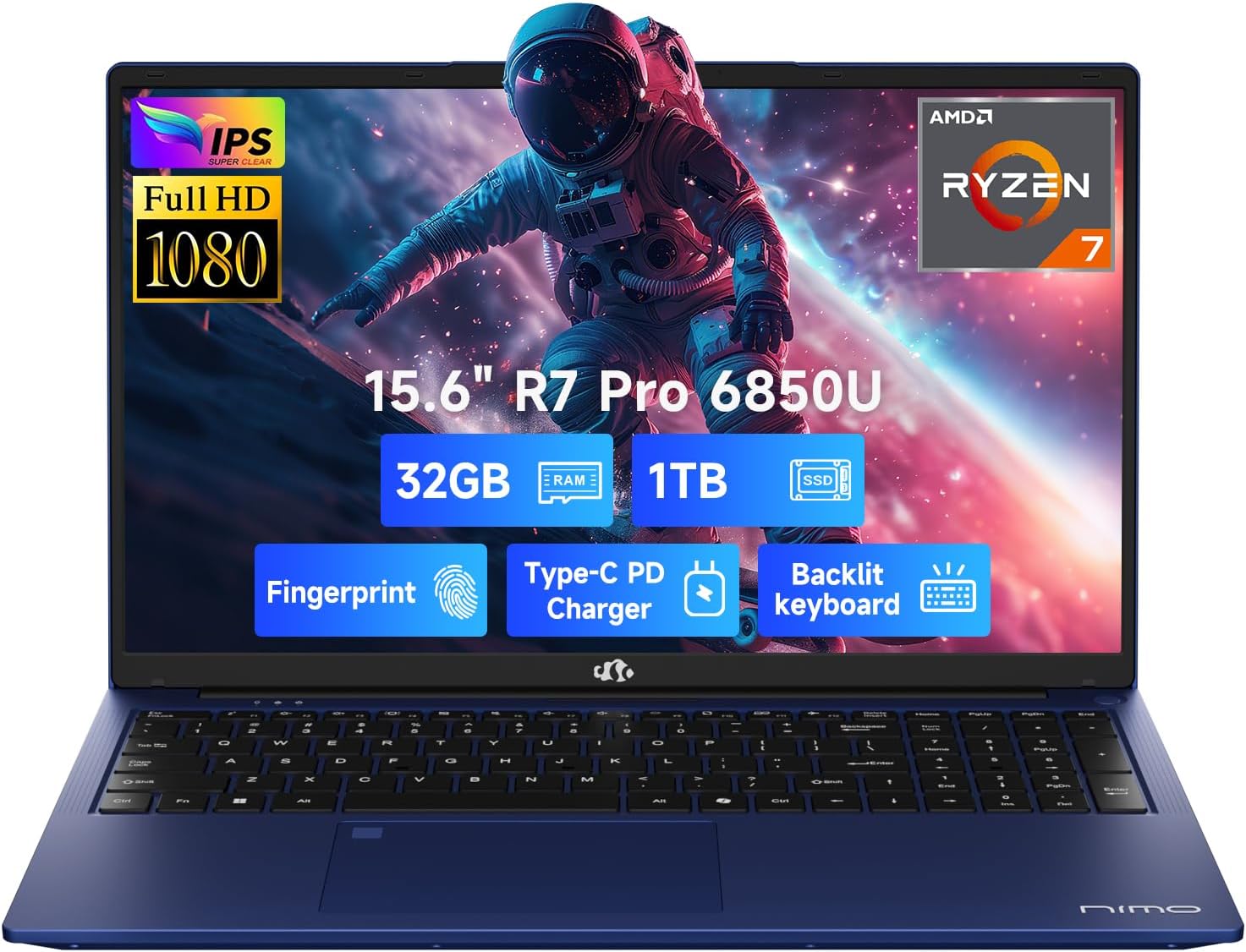 NIMO 15.6 FHD Light-Gaming-Laptop  8 Cores AMD Ryzen 7 Pro 6850U 32GB LPDDR5 RAM 1TB SSD (Beat i7-1360P Up to 4.7GHz) GPU AMD Radeon 680M IPS Computer with 100W Type-C Backlit Keyboard Fingerprint
