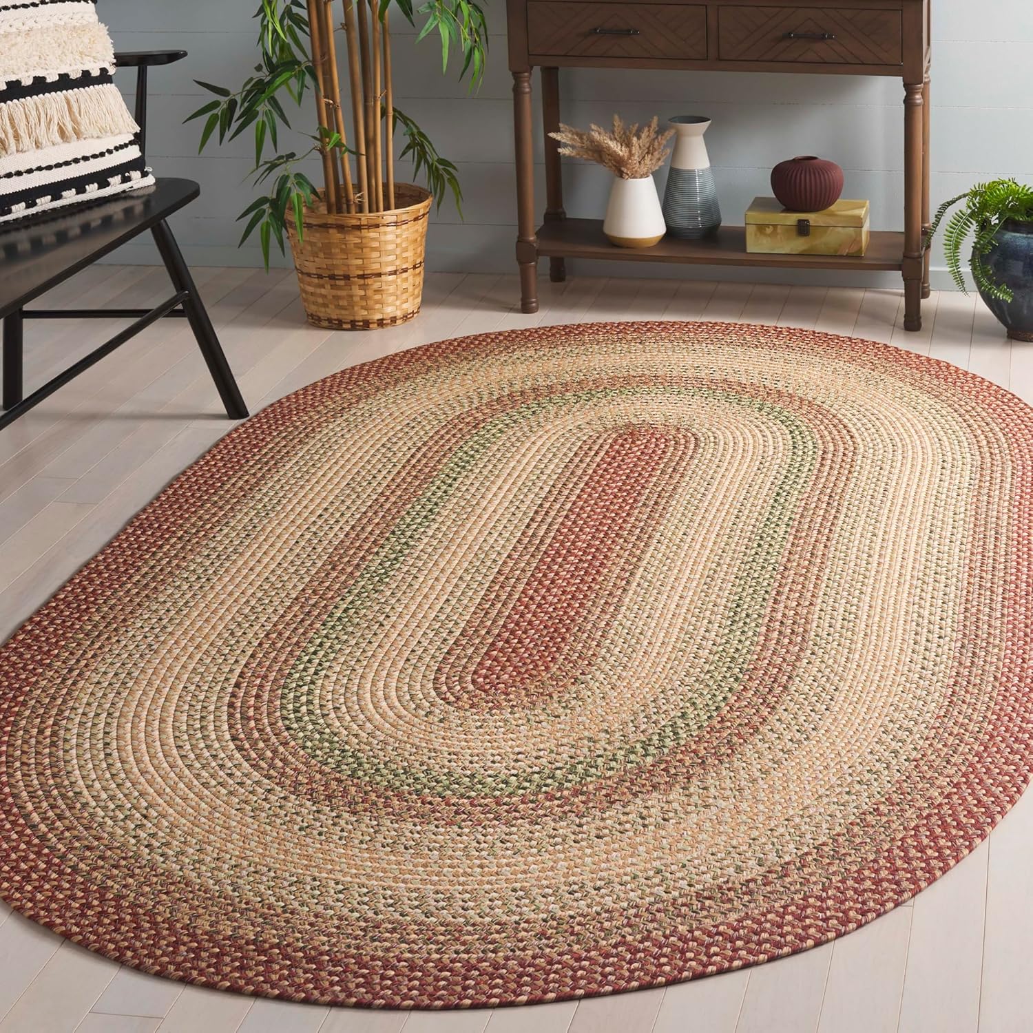 SAFAVIEH Washable Rug Outdoor Braided Collection - 8' x 10' Oval, Rust & Multi, Handmade & Reversible, Non-Shedding & Easy to Clean, Ideal for Patio, Backyard, Mudroom (BRD303A)