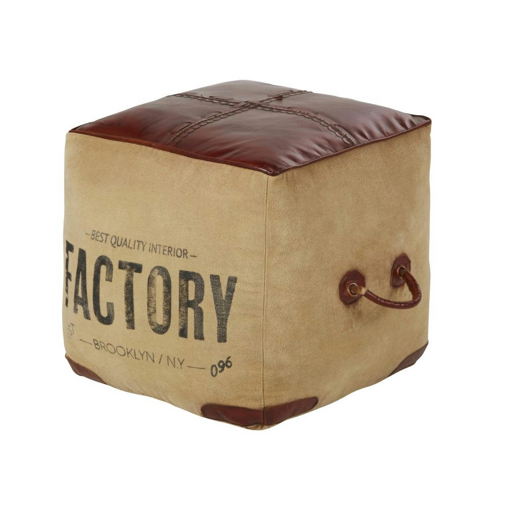 FACTORY - Pouf carré en coton et cuir marron
