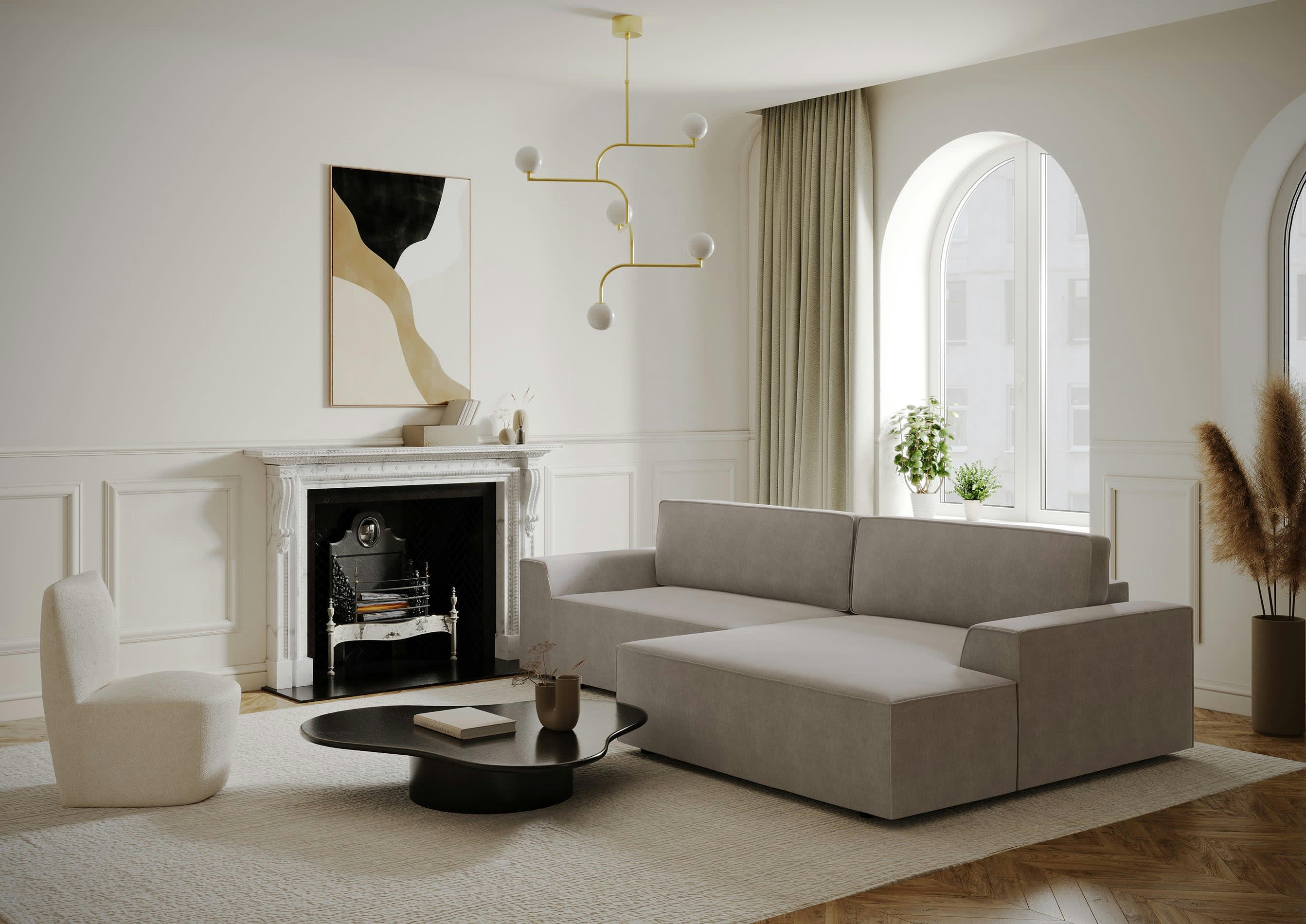 ELIOTT - Canapé angle droit convertible coffre velours taupe 300x174cm