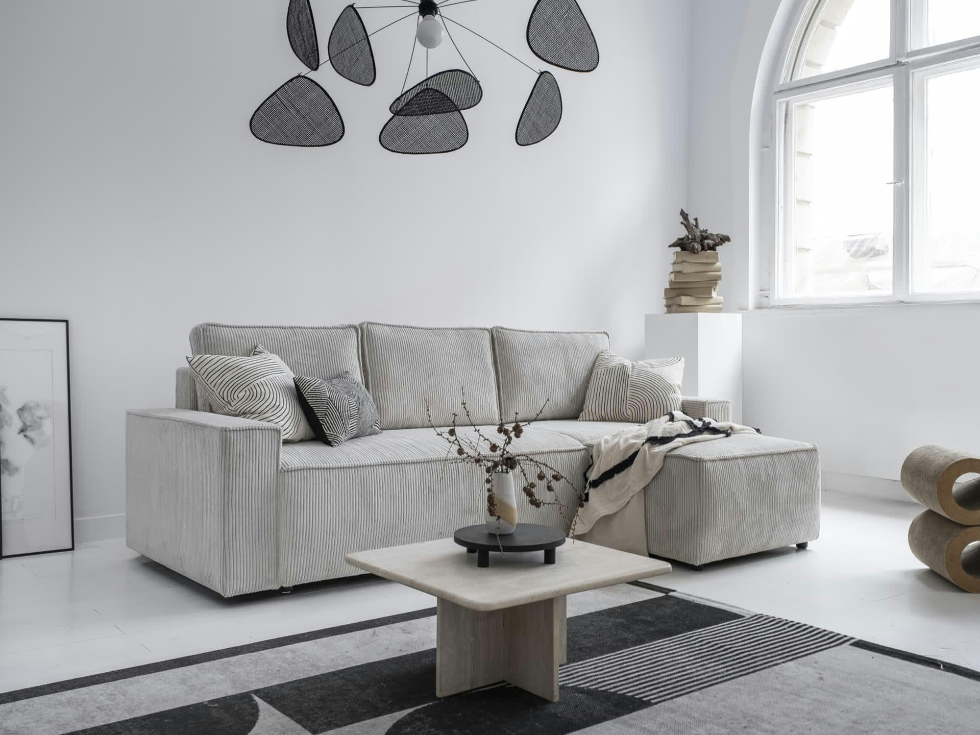 DAVE - Canapé d'angle réversible convertible 4 places en velours côtelé beige