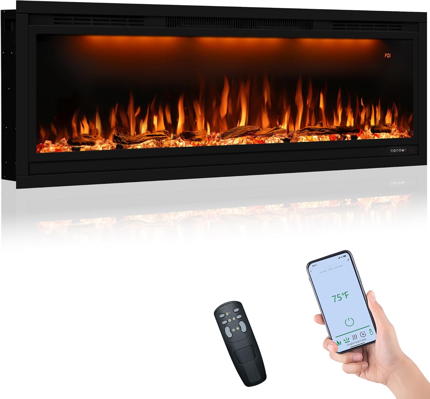 Valuxhome 50 inch Recessed Modern Electric Fireplace with WiFi Smart Control, 3 Top Light and Flame Colors, Timer&Thermostat, Overheating Protection, Logset and Crystal, Touch Screen, Black