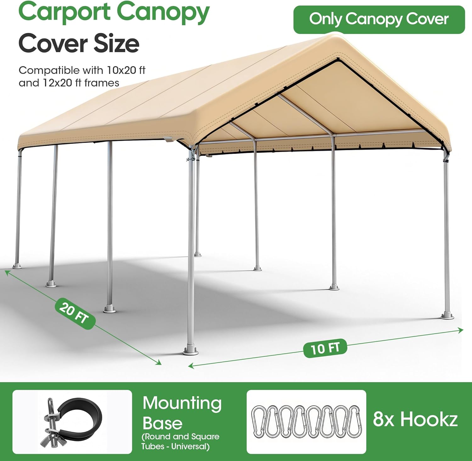 SIHAIAN 10 x 20 Ft Carport Replacement Canopy Cover(No Frame), Easy to Set up Carport Canopy, 500D Heavy-Duty Garage Top Tent Shelter Tarp Waterproof and UV Protected (Only Canopy Cover) Beige