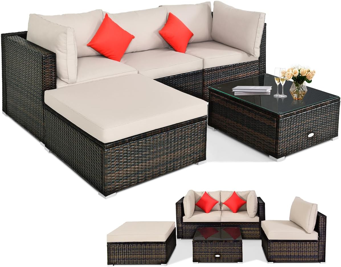 5 pieces of outdoor patio furniture, L-shaped rattan three-seater sofa with tempered glass coffee table, footstool, 3 single chairs, rattan outdoor party set, suitable for backyard, porch, balcony, black version(Beige)