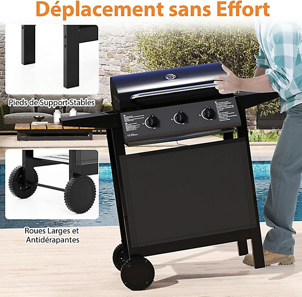 Barbecue Gaz 24000BTU 7,05 KW avec 3 Brûleurs 3 Grilles 2 Tablettes, Barbecue Gril Propane/Butane 47 x 106 x 98 CM