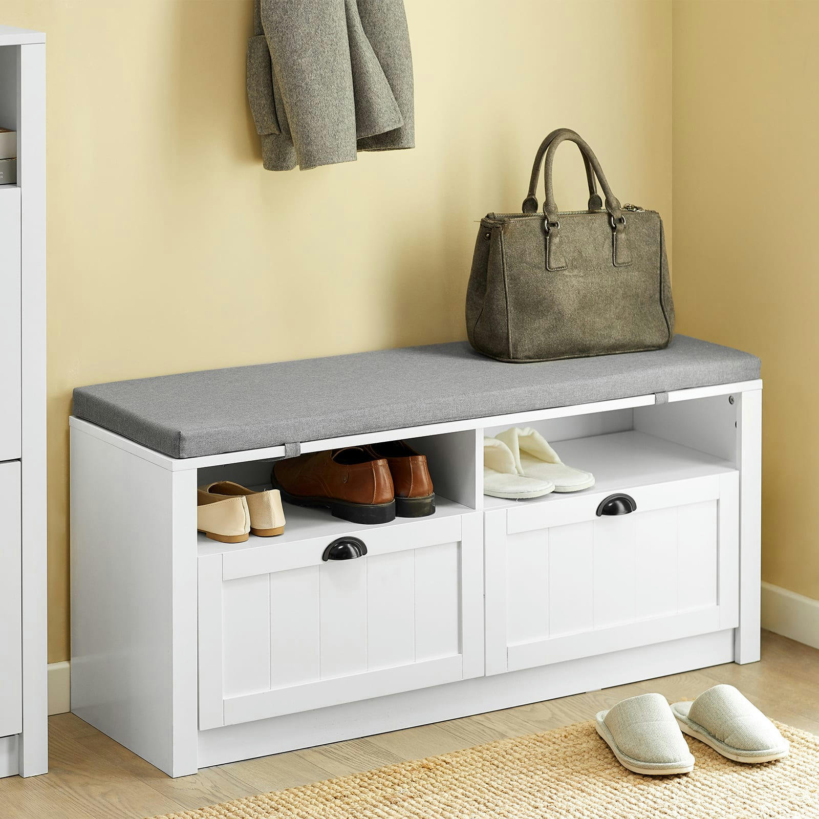 - Banc à chaussures avec 2 tiroirs effet bois blanc