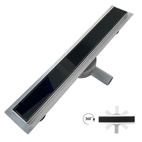 Caniveau douche verre noir DUKA L.80 cm, siphon 360 inox, stop-odeur, drainage performant - SANIVERRE