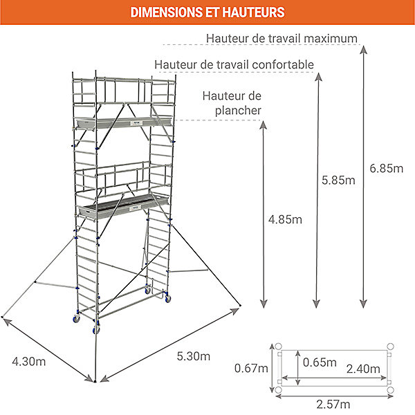 Echafaudage roulant 2 plateaux - Hauteur de travail max 6.85m - 26403750