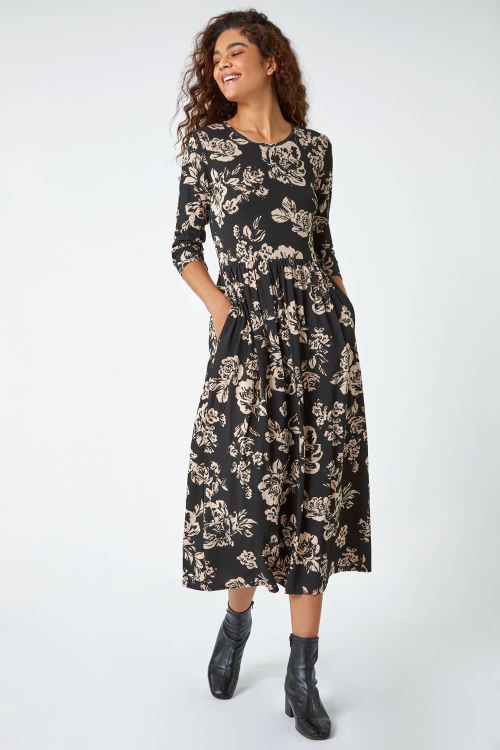 Roman Floral Pocket Stretch Midi Dress
