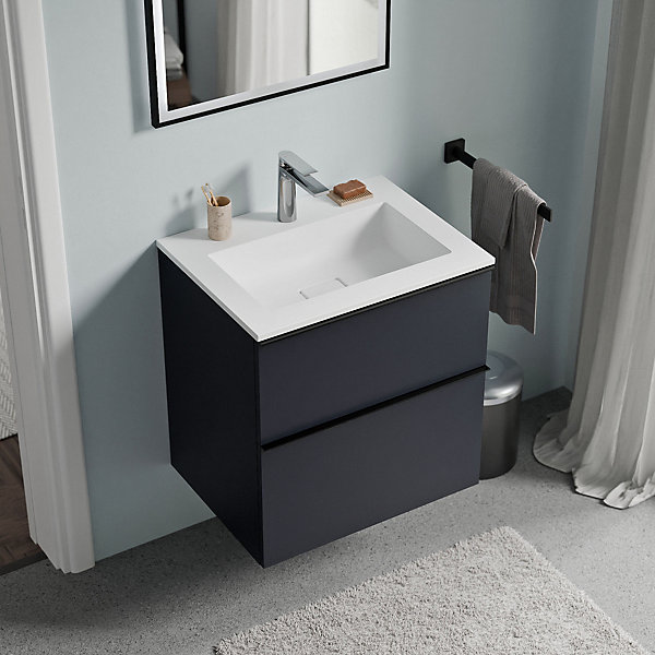 Meuble vasque suspendu MDF Bleu nuit mat, lavabo fonte Blanc mat   trou robinet, poignée Noir mat - 60x46x62cm - LAVOA