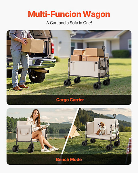 Chariot de jardin pliable 220L, convertible en banc. Capacité 249 kg, poignée réglable. Pour extérieur, camping.