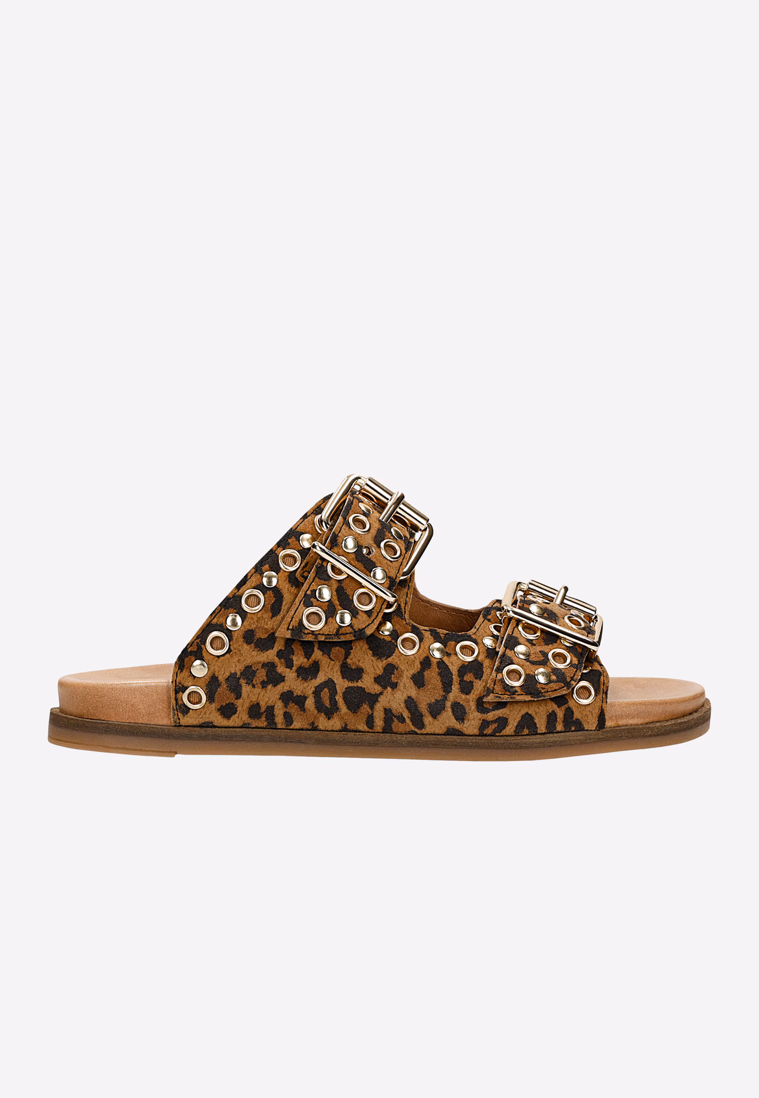 Skórzane klapki w cętki ze złotymi ozdobami